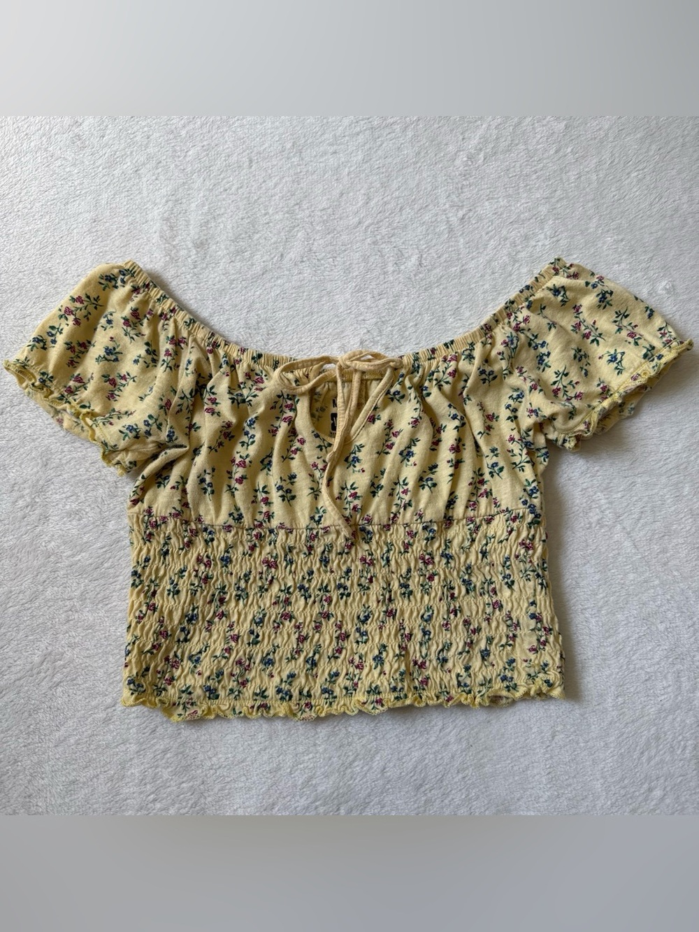 Me to We Yellow Floral Off-Shoulder Smocked Crop Top